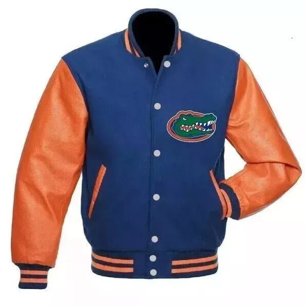 Men Florida Gators Orange & Blue Letterman Varsity Jacket Wool & Leather Sleeves - NFL