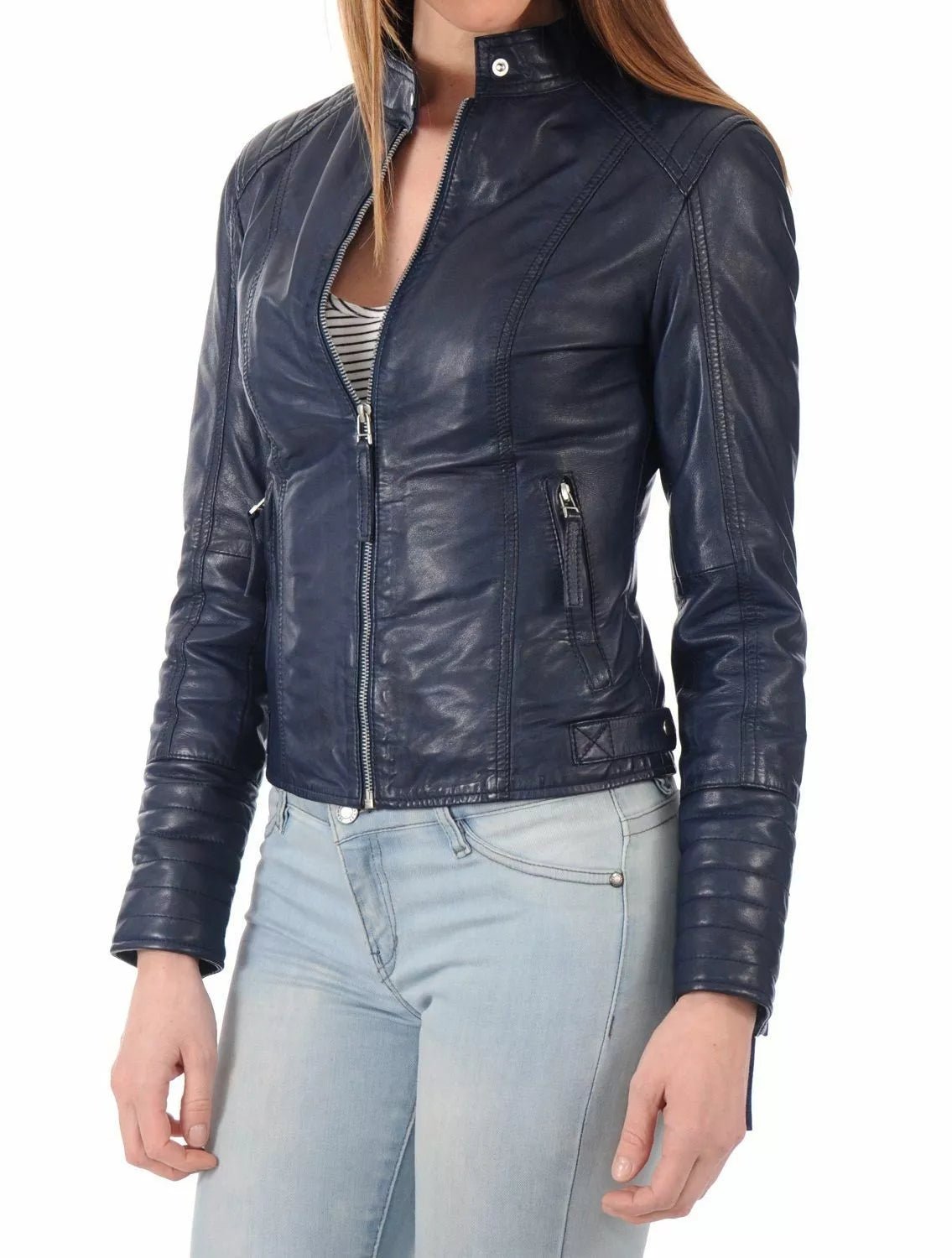 Leather Jacket Women Biker Motorcycle Women Soft Fit Size Real Blue