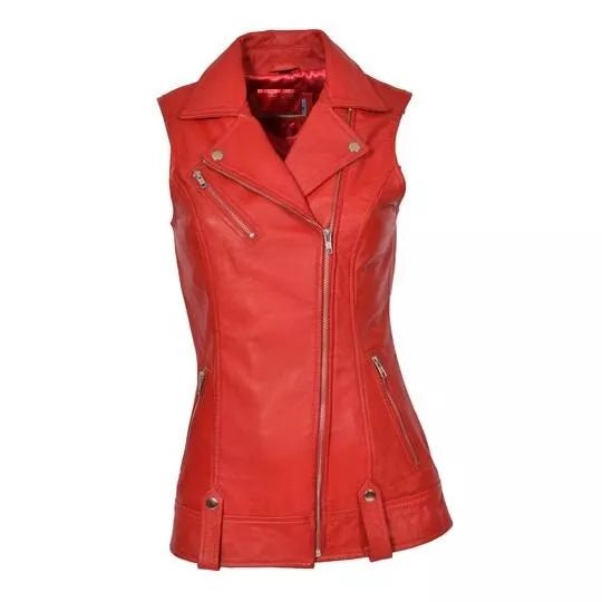 Vest Leather Jacket Women Genuine  Coat Biker Sheepskin Fashion Red