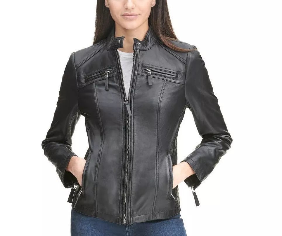 Leather Jacket Women Biker Motorcycle Women Soft Fit Size Real Black