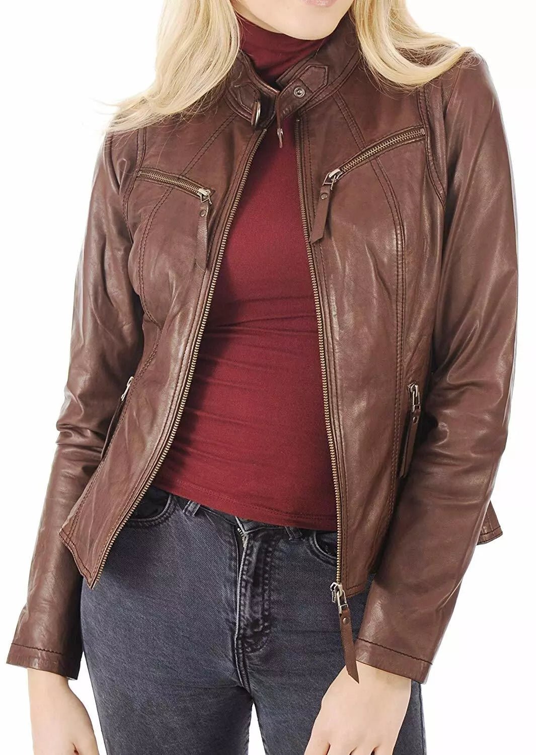 Leather Jacket Women Biker Motorcycle Women Soft Fit Size Real Brown - Image 3
