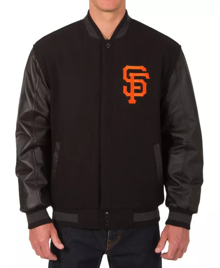 Men San Francisco Giants Black Letterman Varsity Jacket Black Genuine Leather sleeves - MLB