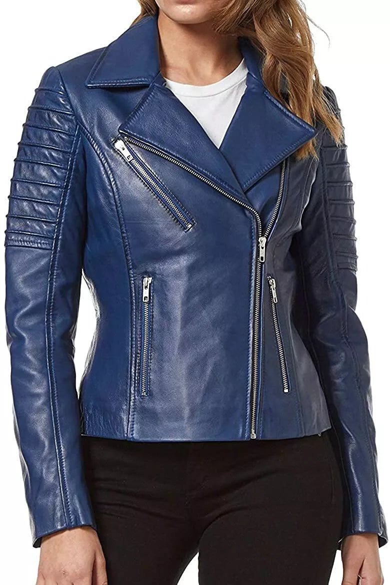 Leather Jacket Women Biker Motorcycle Women Soft Fit Size Real Blue