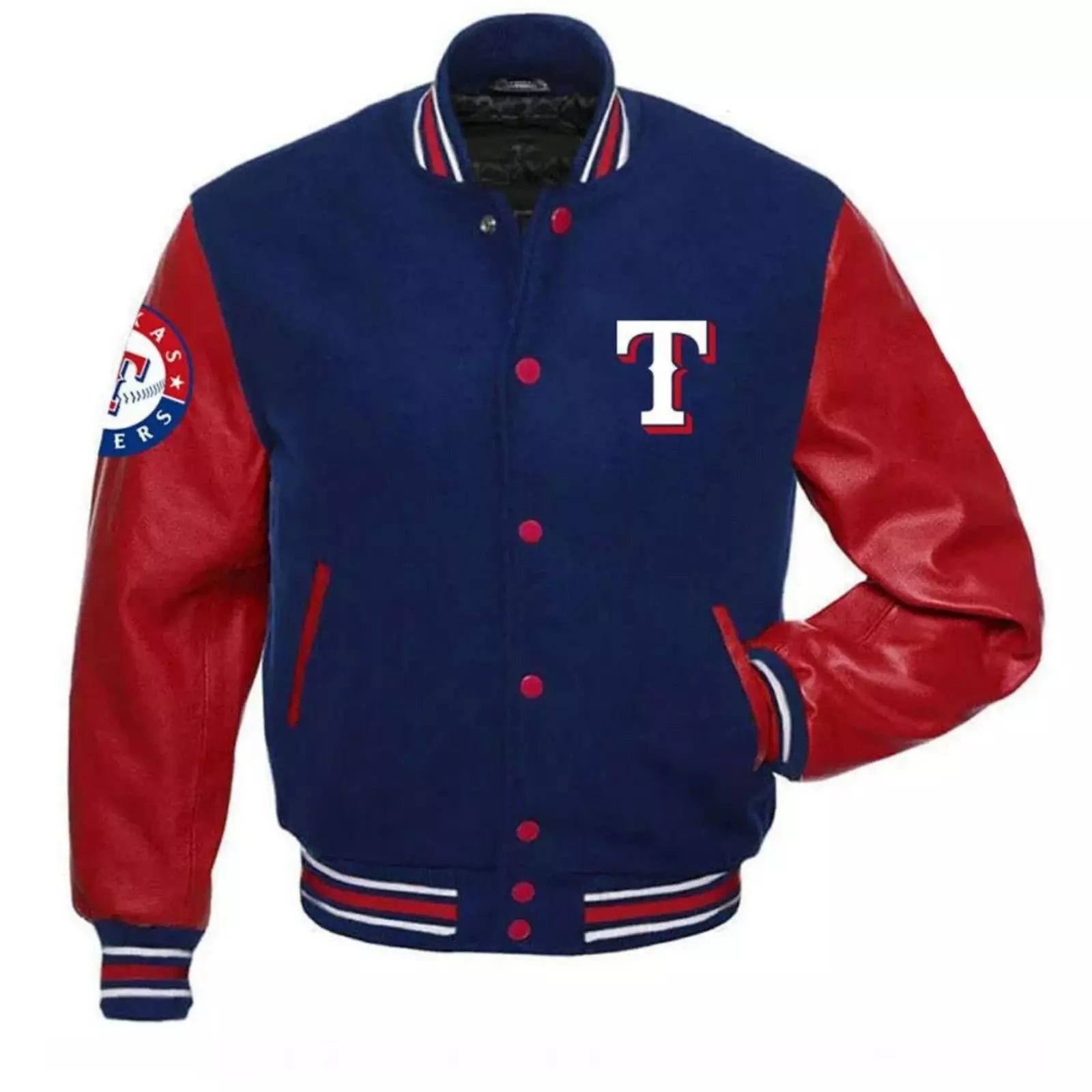 Texas Rangers Letterman Varsity Jacket Wool With Genuine Leather Sleeves blue and red - MLB