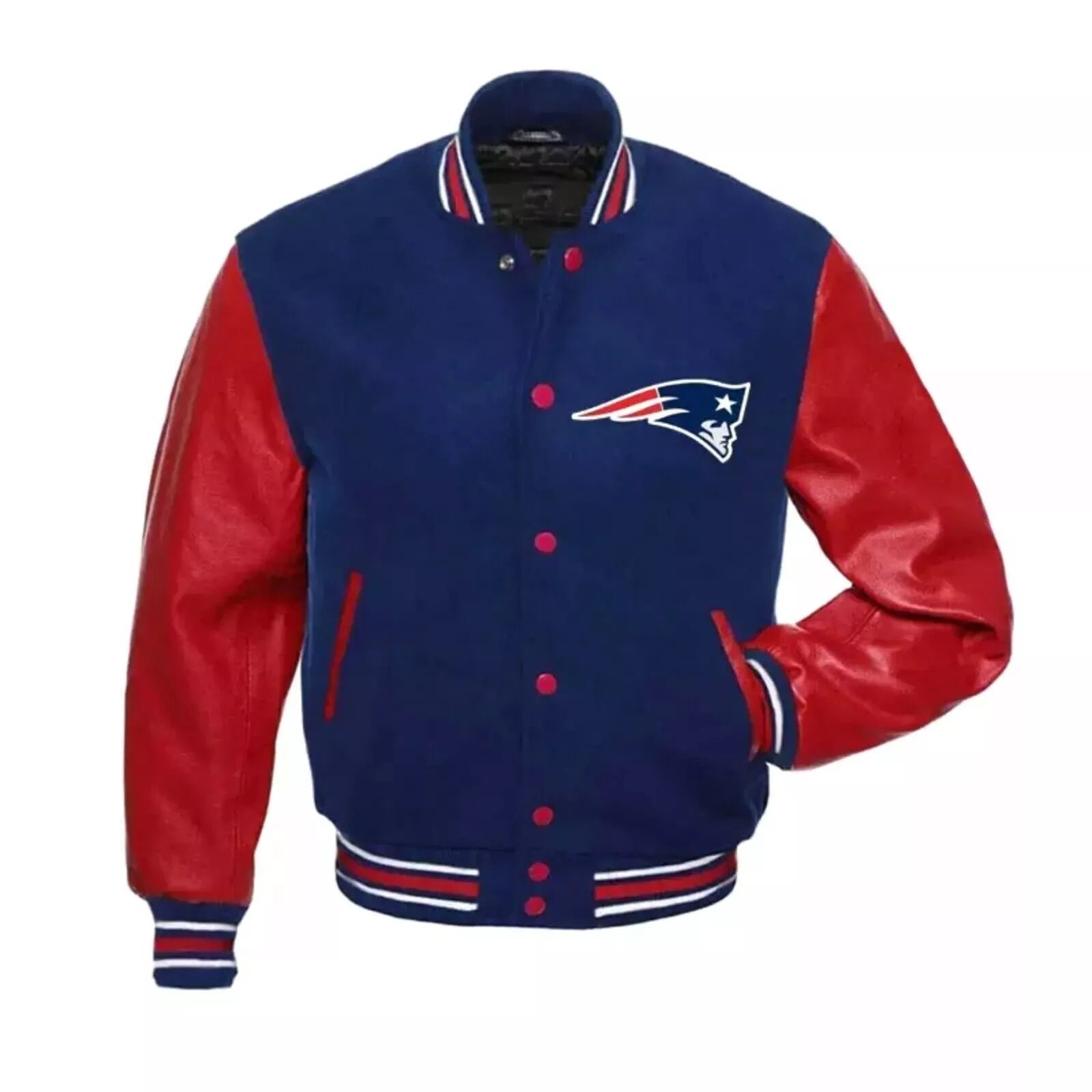 New England Patriots Varsity Jacket Wool & Genuine Leather Sleeves blue and red - NFL