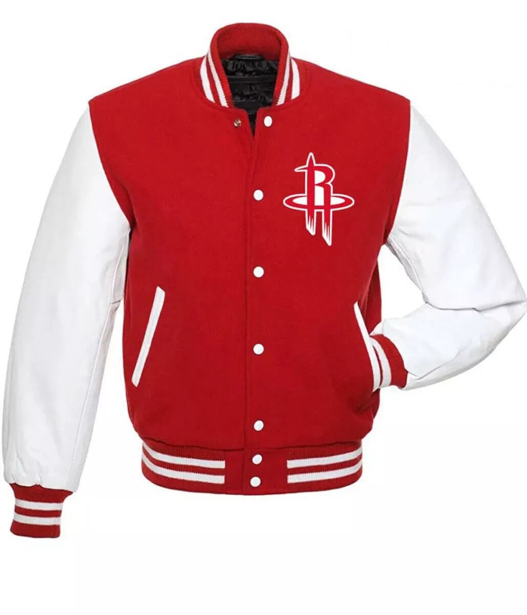 Men Letterman Houston Rockets Varsity Jacket Red Wool & White Genuine Leather Sleeves - NBA - NBA