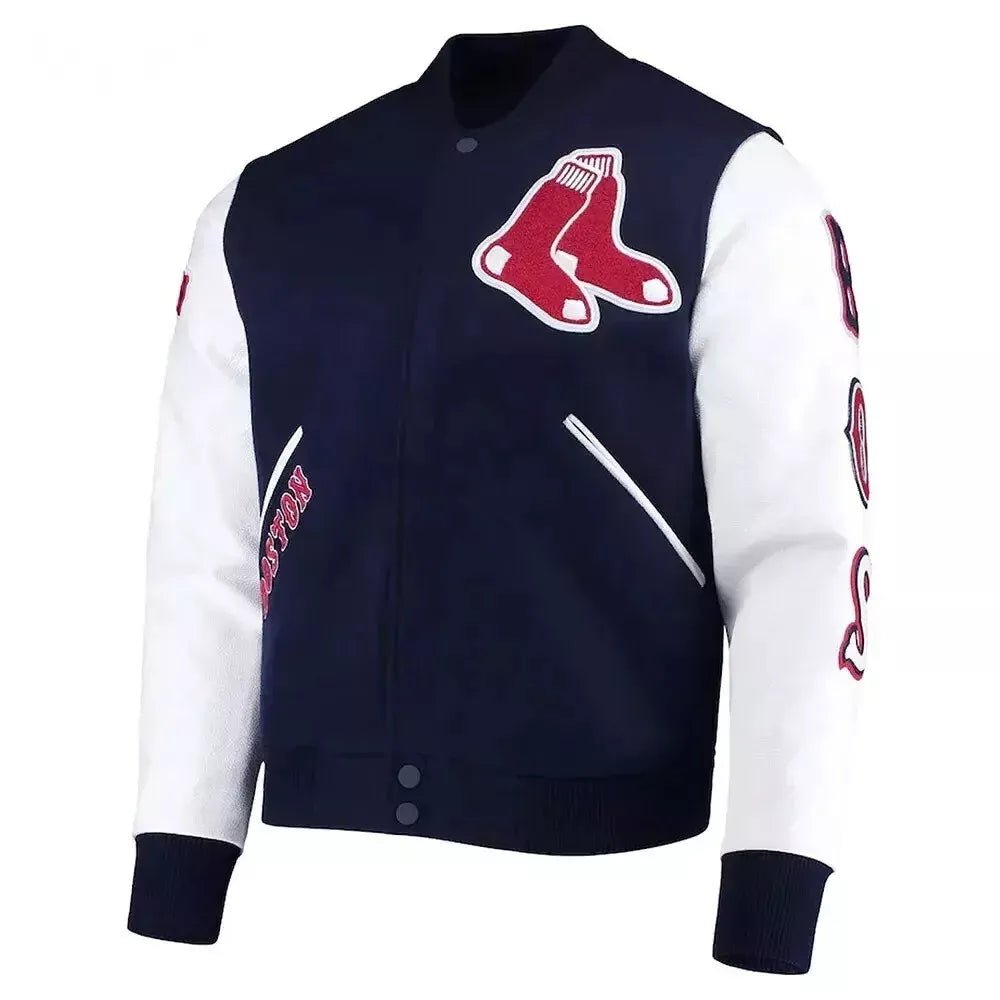 Boston Red Sox Letterman Varsity Jacket NAVY BLUE WOOL & WHITE LEATHER Sleeves