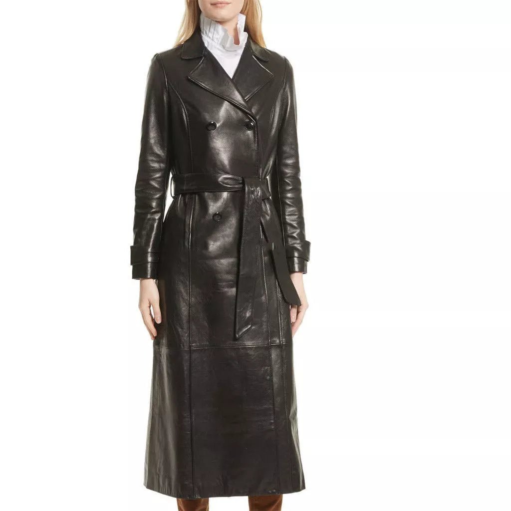 Black Leather Trench Coat Women's Genuine Lambskin Long Overcoat Winter Jacket