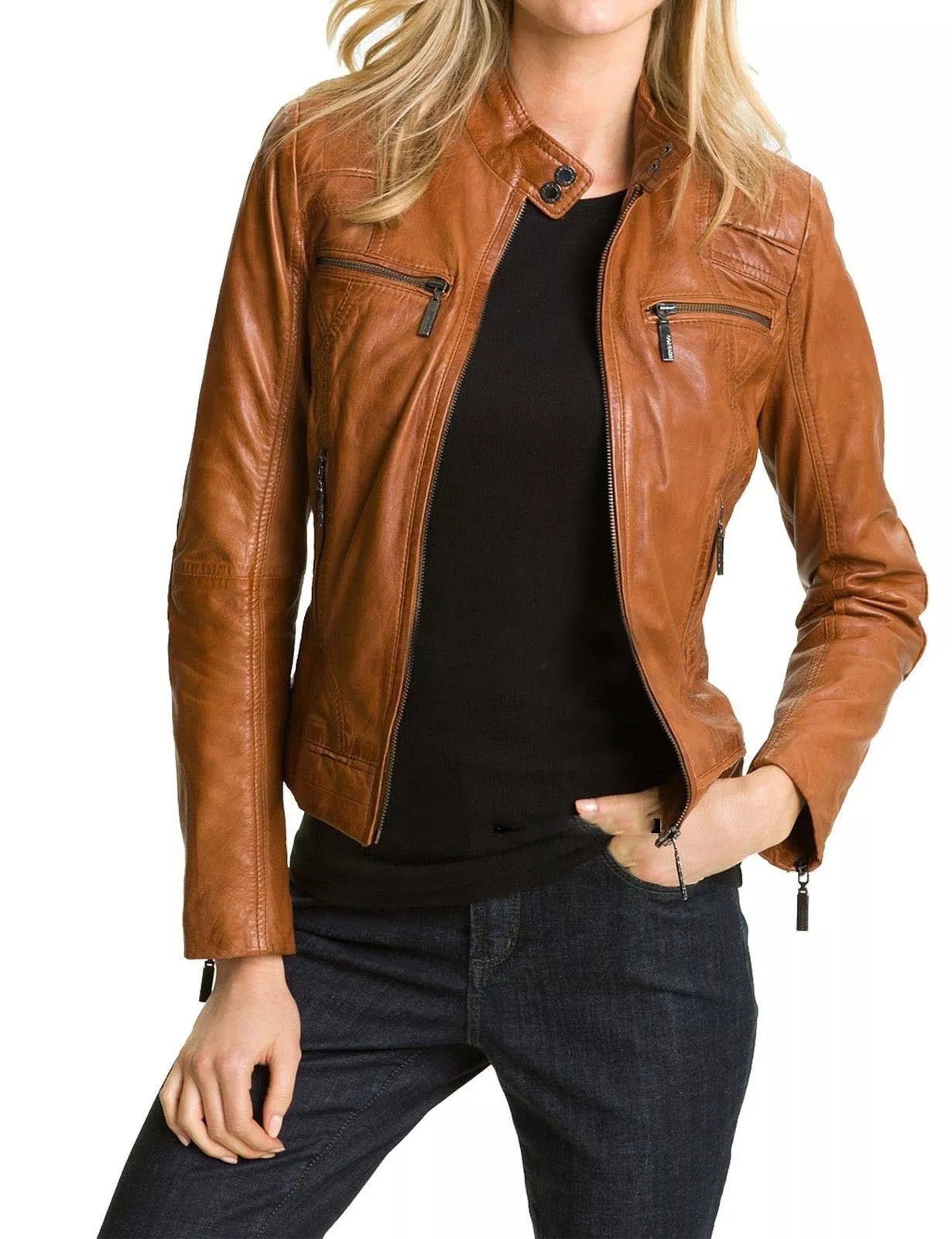New Women Ladies Biker Brown Genuine Real Leather Jacket