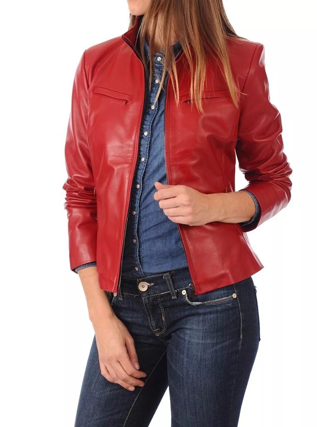 Leather Jacket Women  Red  Women Motorcycle Biker Coat Slim Fit