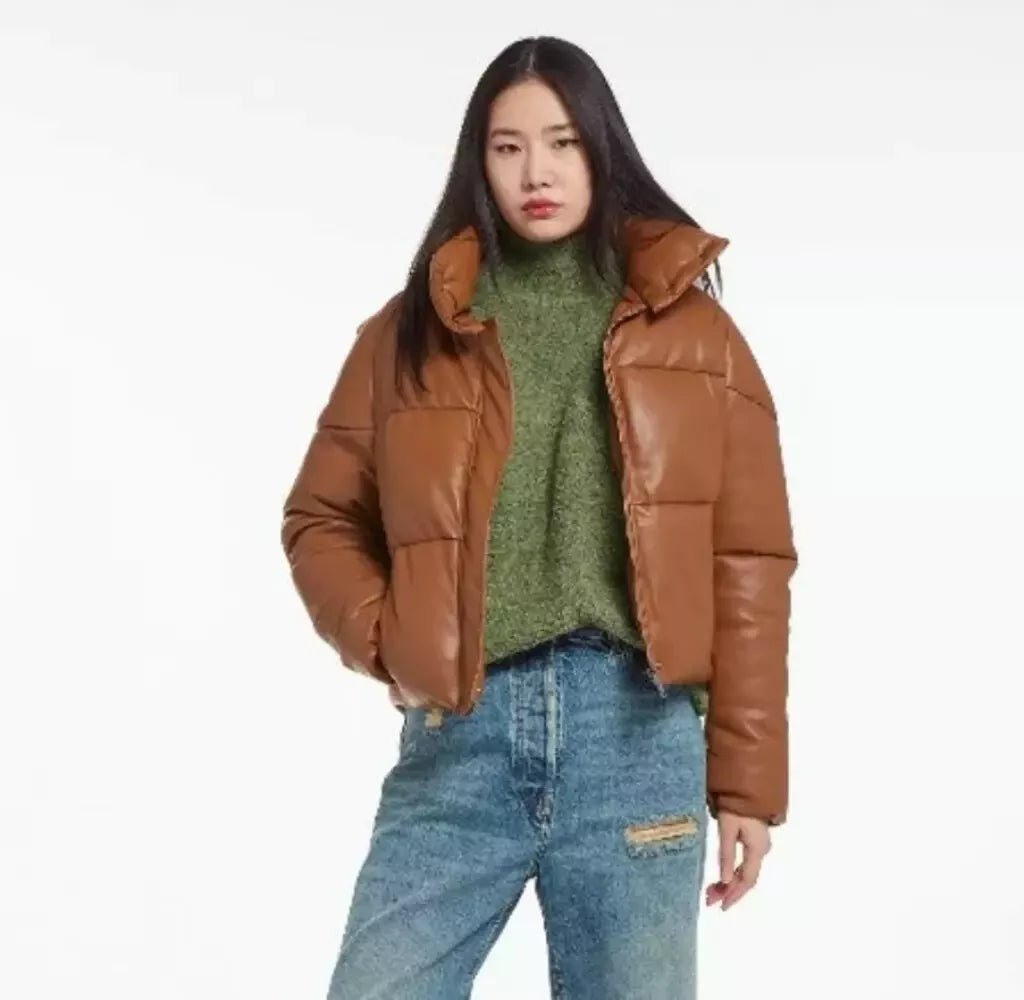 Women Vegan Leather Mocha Brown Puffer Jacket
