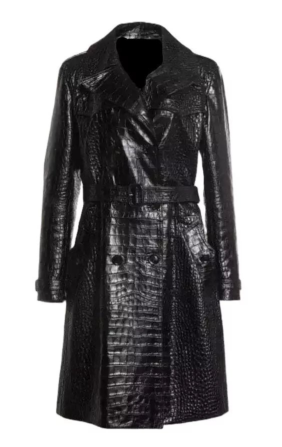 Women Croc Embossed Black Trench Coat Real Leather Classic Coat Fashion Overcoat