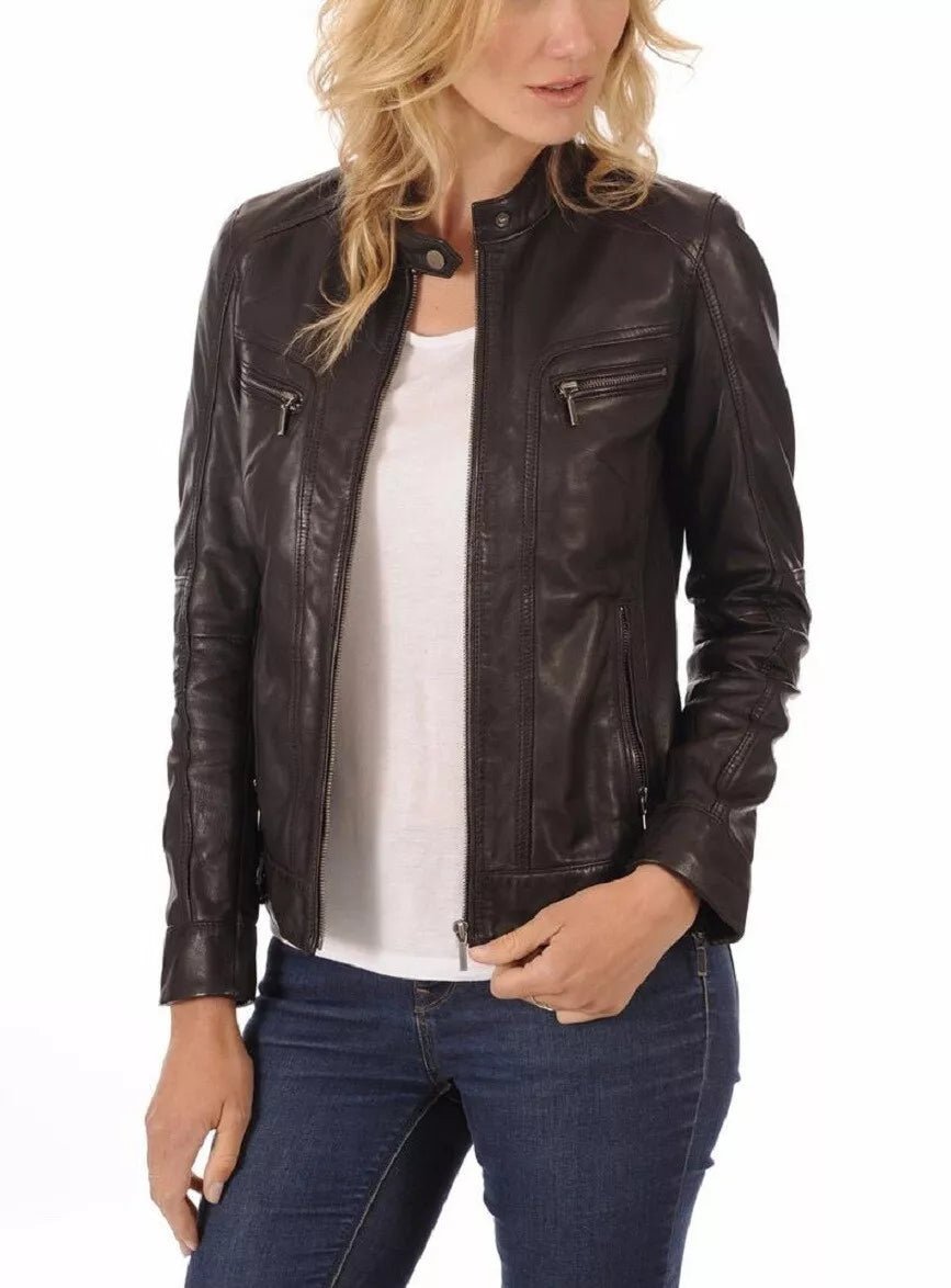 Leather Jacket Women Biker Motorcycle Women Soft Real Black - Image 3