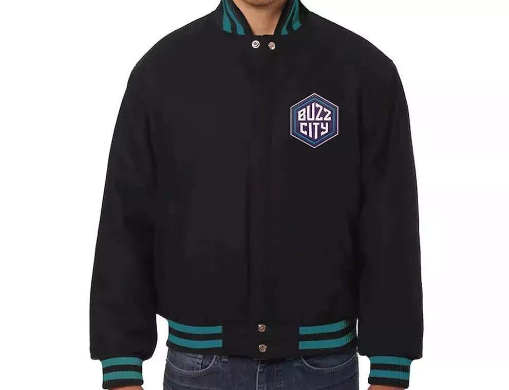 Men Charlotte Hornets Lettermen Black All Wool Varsity Jacket - NBA
