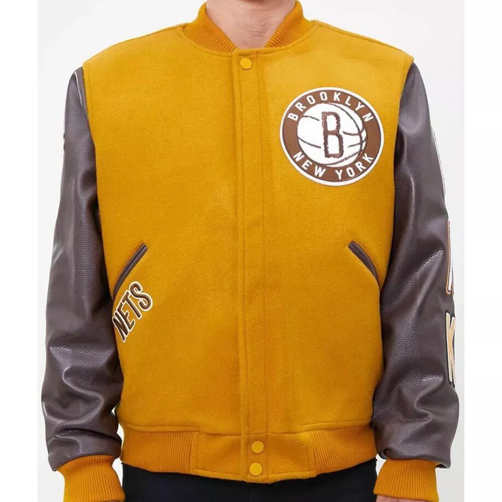 Men Letterman Brooklyn Nets Yellow and Brown Varsity Jacket - NBA