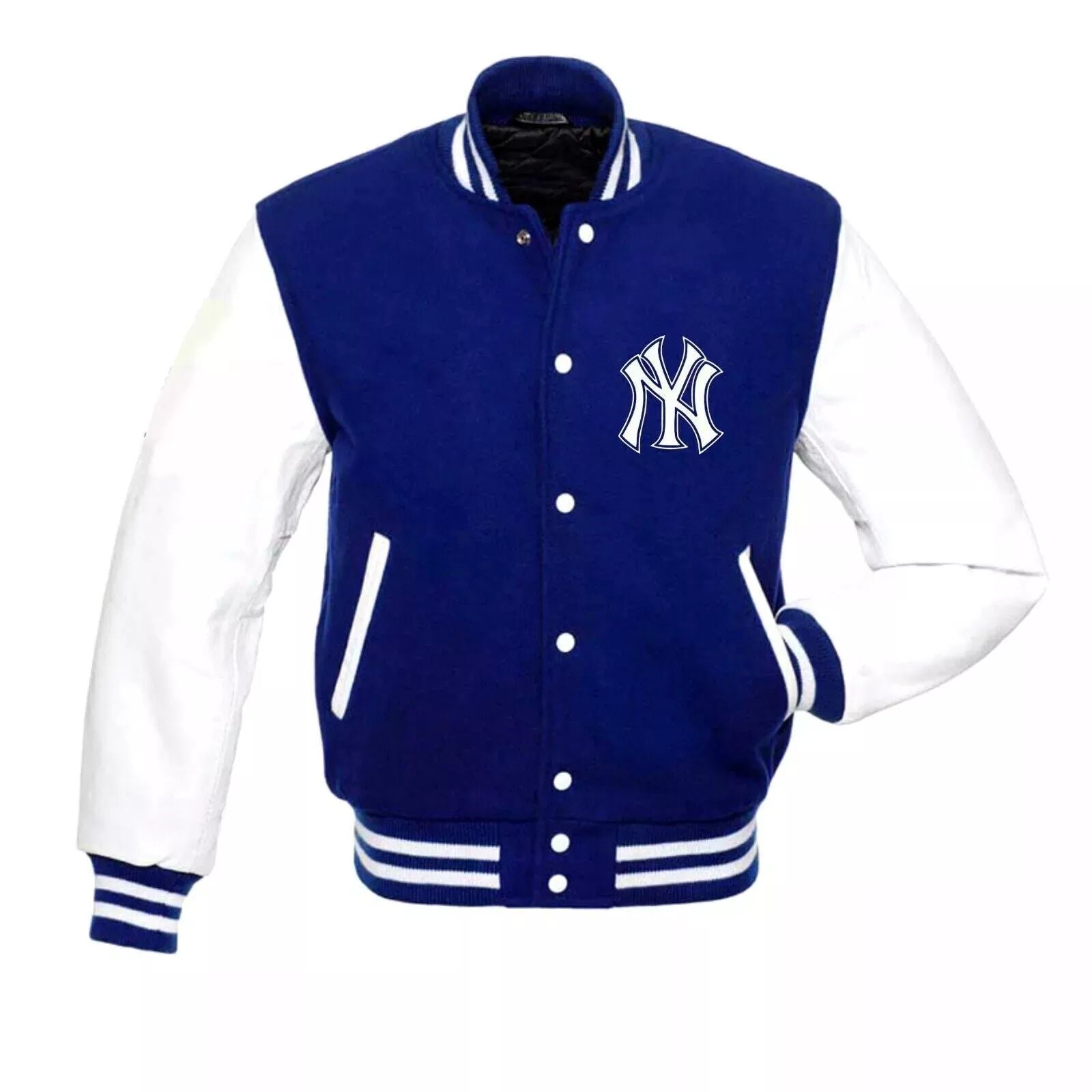Men NEW YORK Yankeees Varsity Jacket Wool & Genuine Leather Sleeves blue and white - MLB