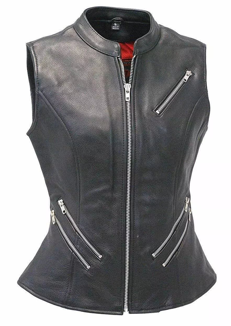 Leather Vest Women Jacket Motorcycle Size Biker Club Women  Black