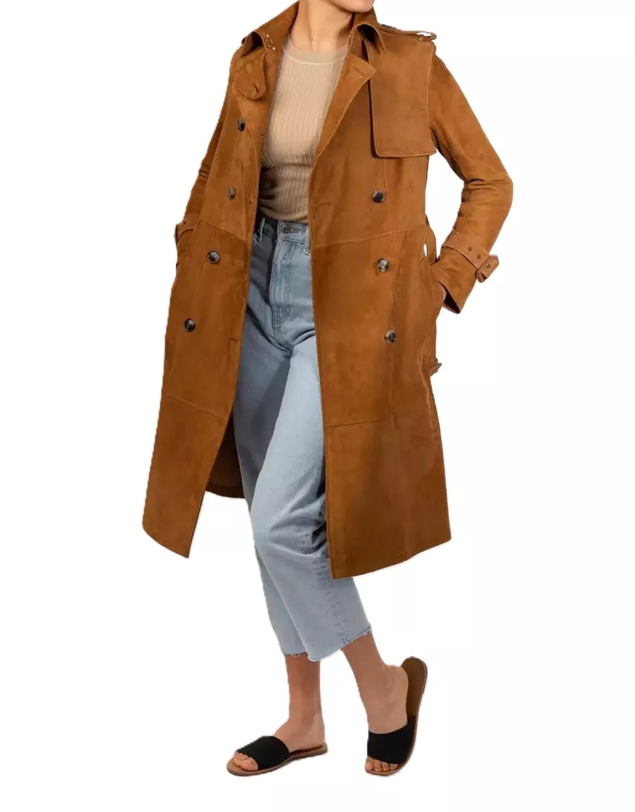 Women's 100% Pure Suede Leather Brown Trench Coat Modern Style Custom Made Coat