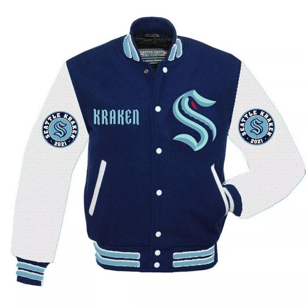 Letterman Seattle Kraken Blue and White Varsity Jacket - NHL