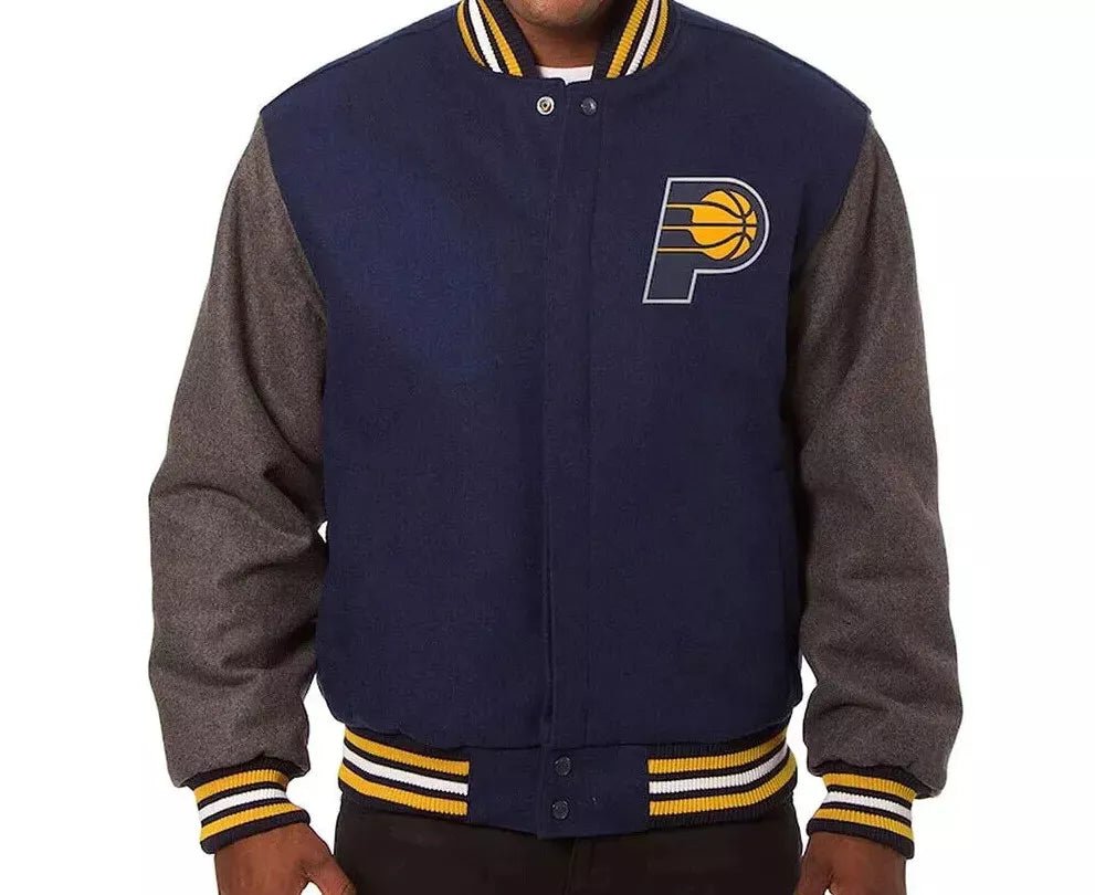 Men Letterman Indiana Pacers Navy and Grey All Wool Varsity Jacket - NBA