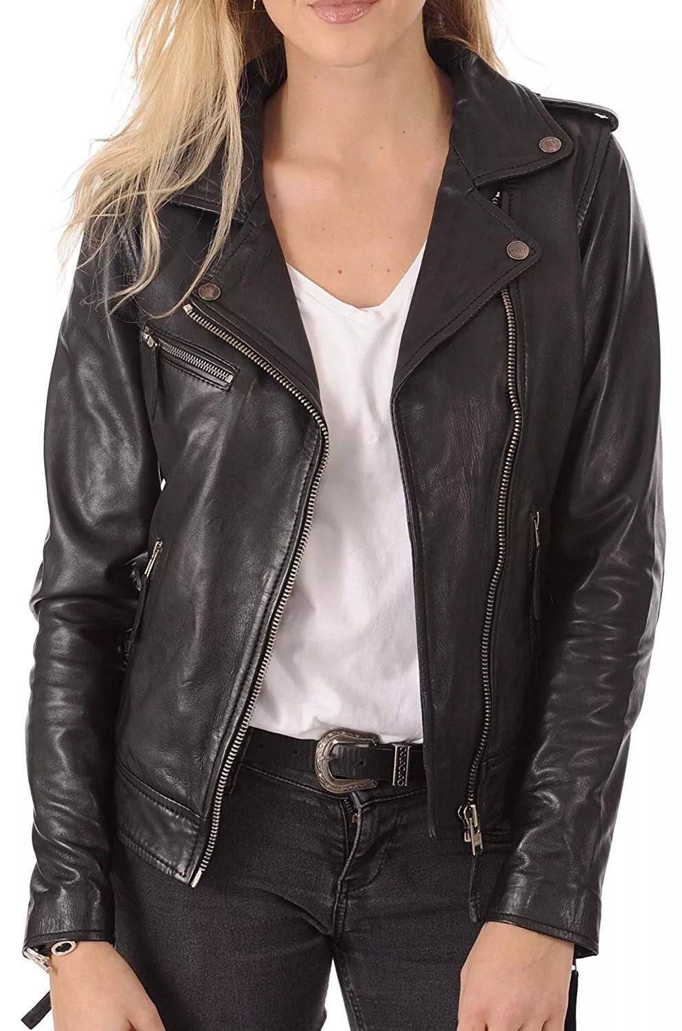 Leather Jacket Women's Biker Motorcycle Women Soft  Fit Size Real Black
