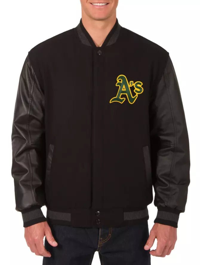 Men Oakland Athletics Black Letterman varsity jacket with Genuine Leather Sleeves - MLB