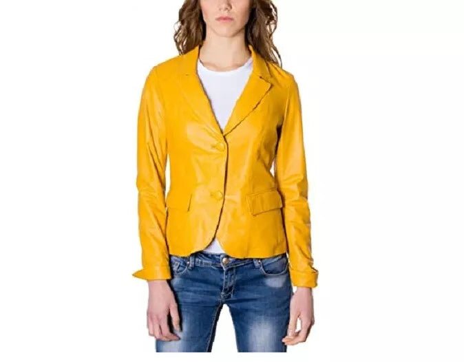 Leather Blazer Coat Jacket Women Lambskin Ladies Trench Biker Kim Fit Yellow