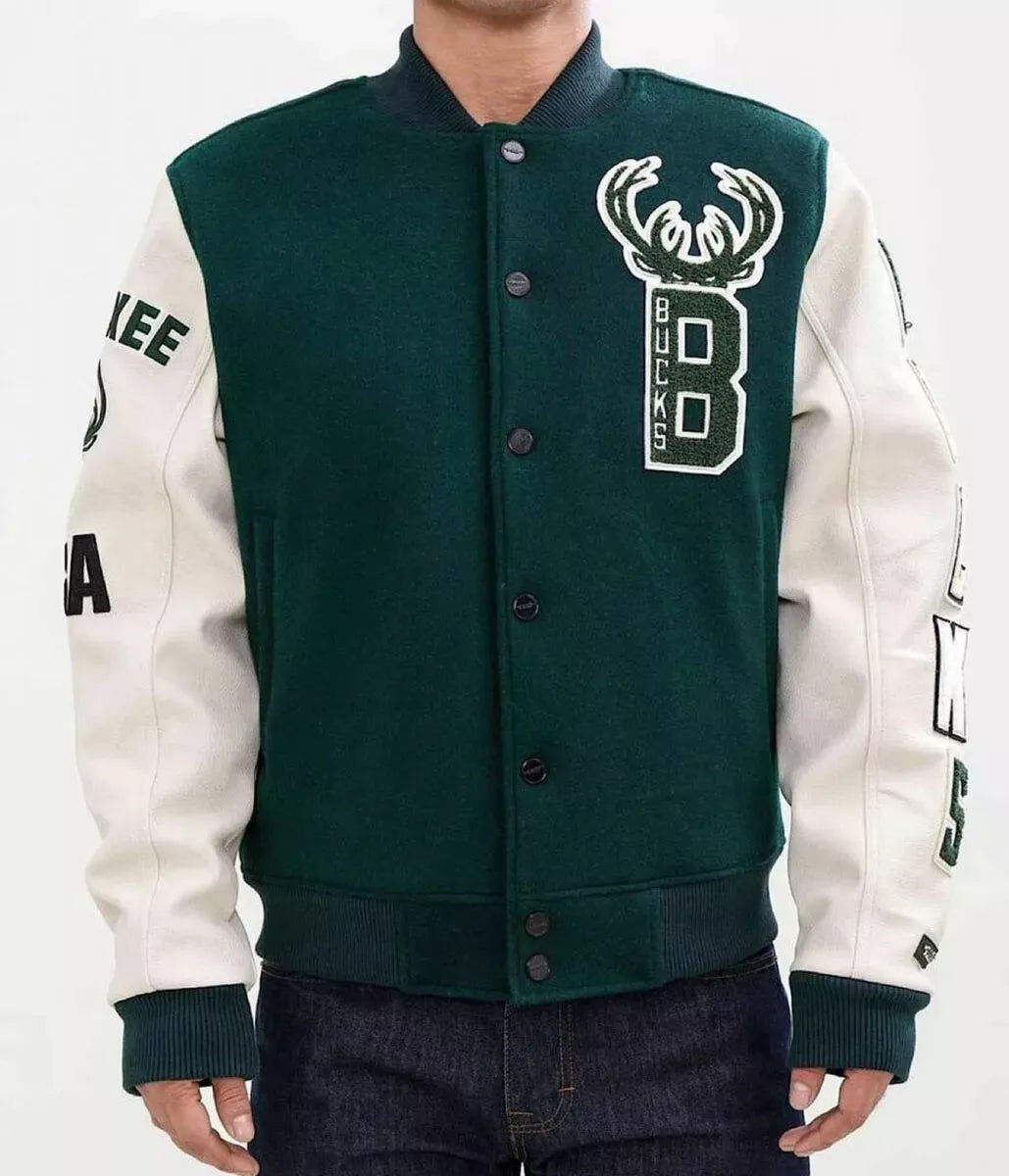 Men Letterman Milwaukee Bucks Green and White PRO Standard Varsity Jacket - NBA