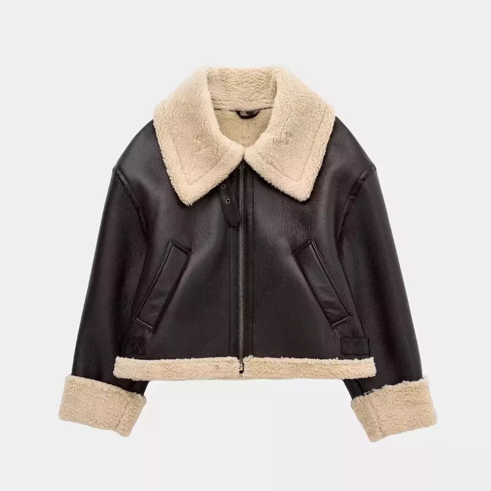 Women  Bomber Brown Aviator Flying Real Sheep Leather Jacket