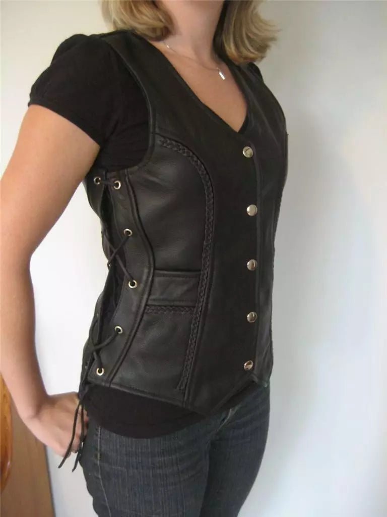Vest Leather Jacket Women Genuine Coat Biker Sheepskin Fashion  Black