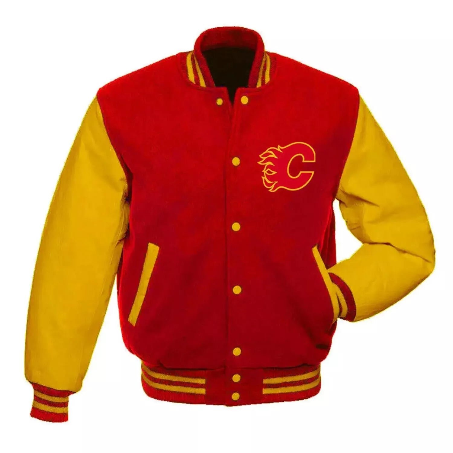 Letterman Calgary Flames Red and Yellow Varsity Jacket - NHL