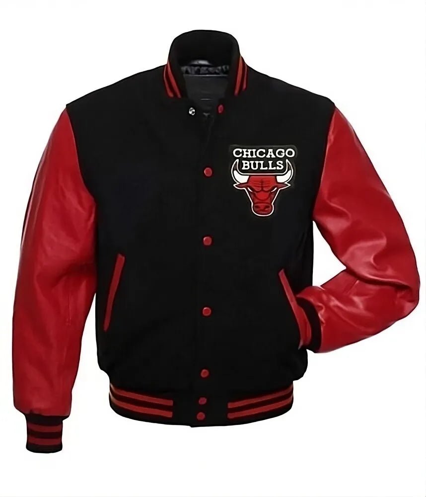 Men Chicago Bulls Letterman Varsity Jacket with Genuine Leather Sleeves - Red and Black - NBA