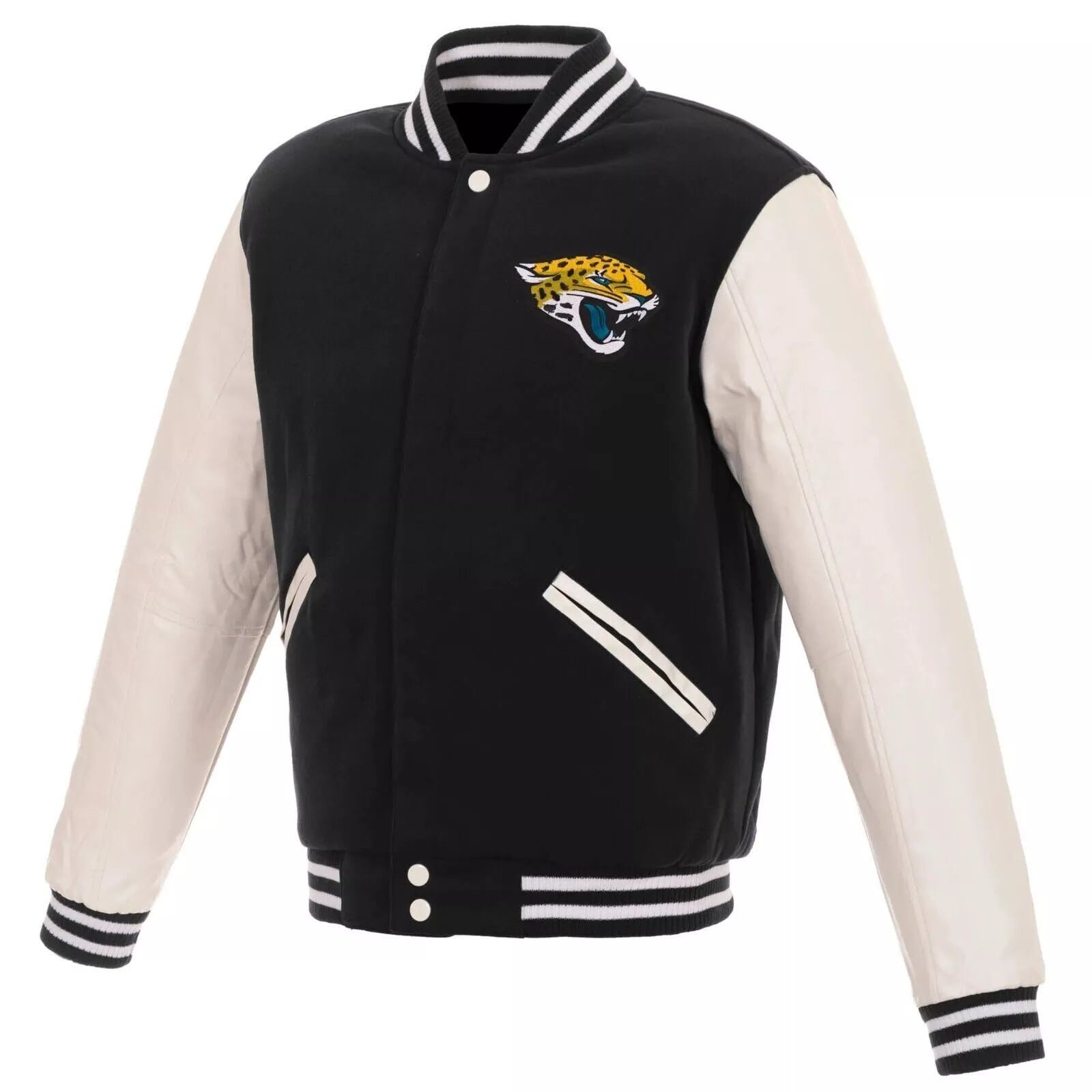 Jacksonville Jaguars Letterman Black Varsity Jacket With Genuine Leather Sleeves - NFL
