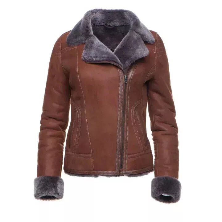 Women Tan Sheepskin Leather Shearling  Bomber Style Brown Jacket, Fur cuff