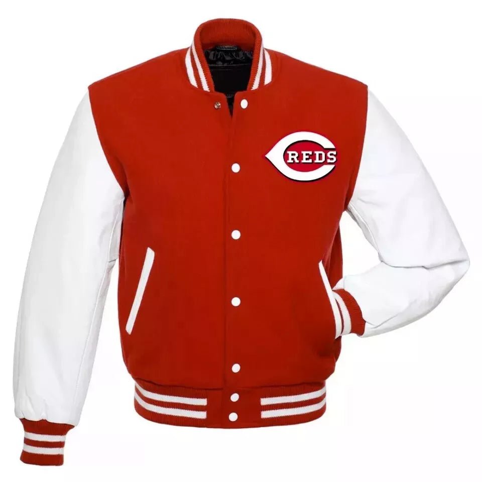 Cincinnati Reds Letterman Red Wool & White Leather Sleeves Varsity Jacket-MLB
