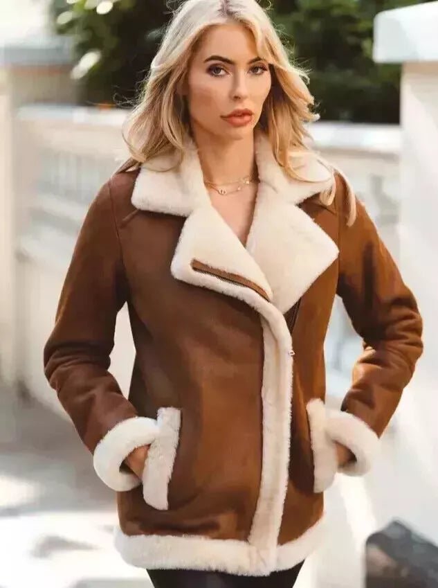 Women Aviator  Real Sheepskin Leather Shearling Flight Bomber Brown Jacket