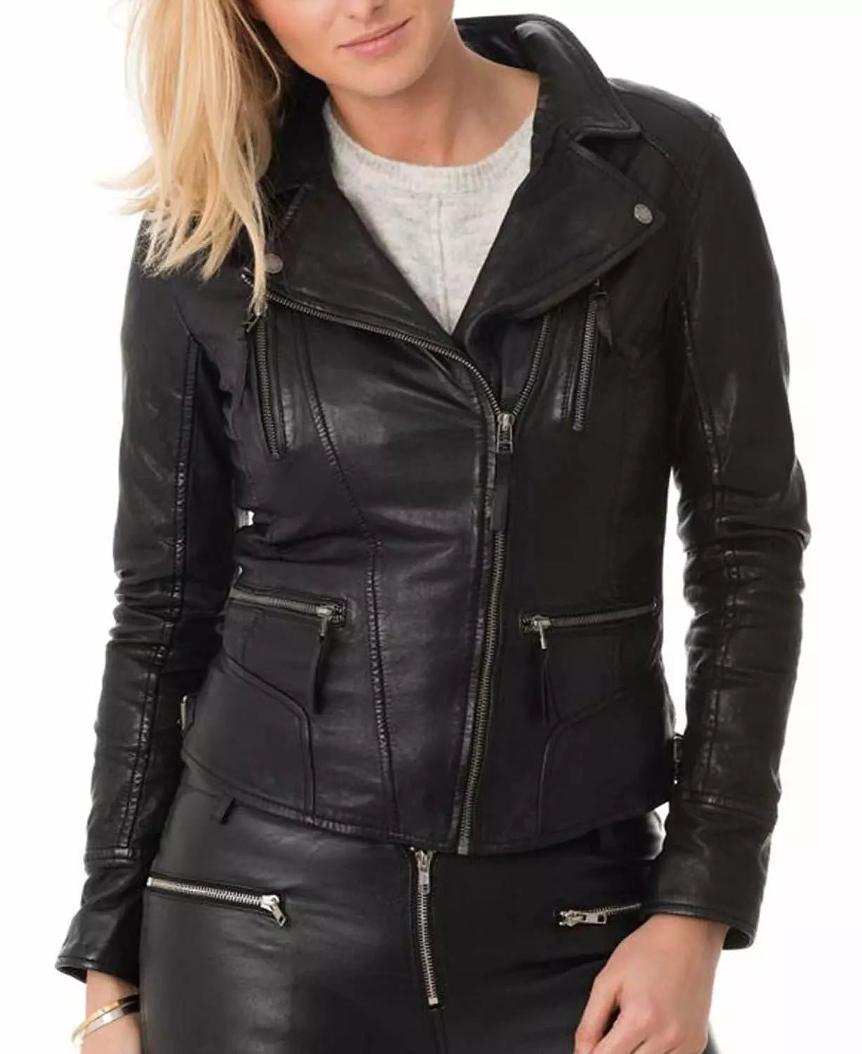 Leather Jacket Women Biker Motorcycle Women Soft  Fit Size Real Black