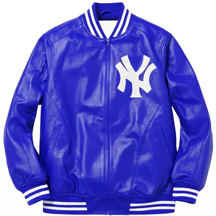 Men NY Yankees Blue Letterman Varsity Leather Jacket Genuine Leather - MLB