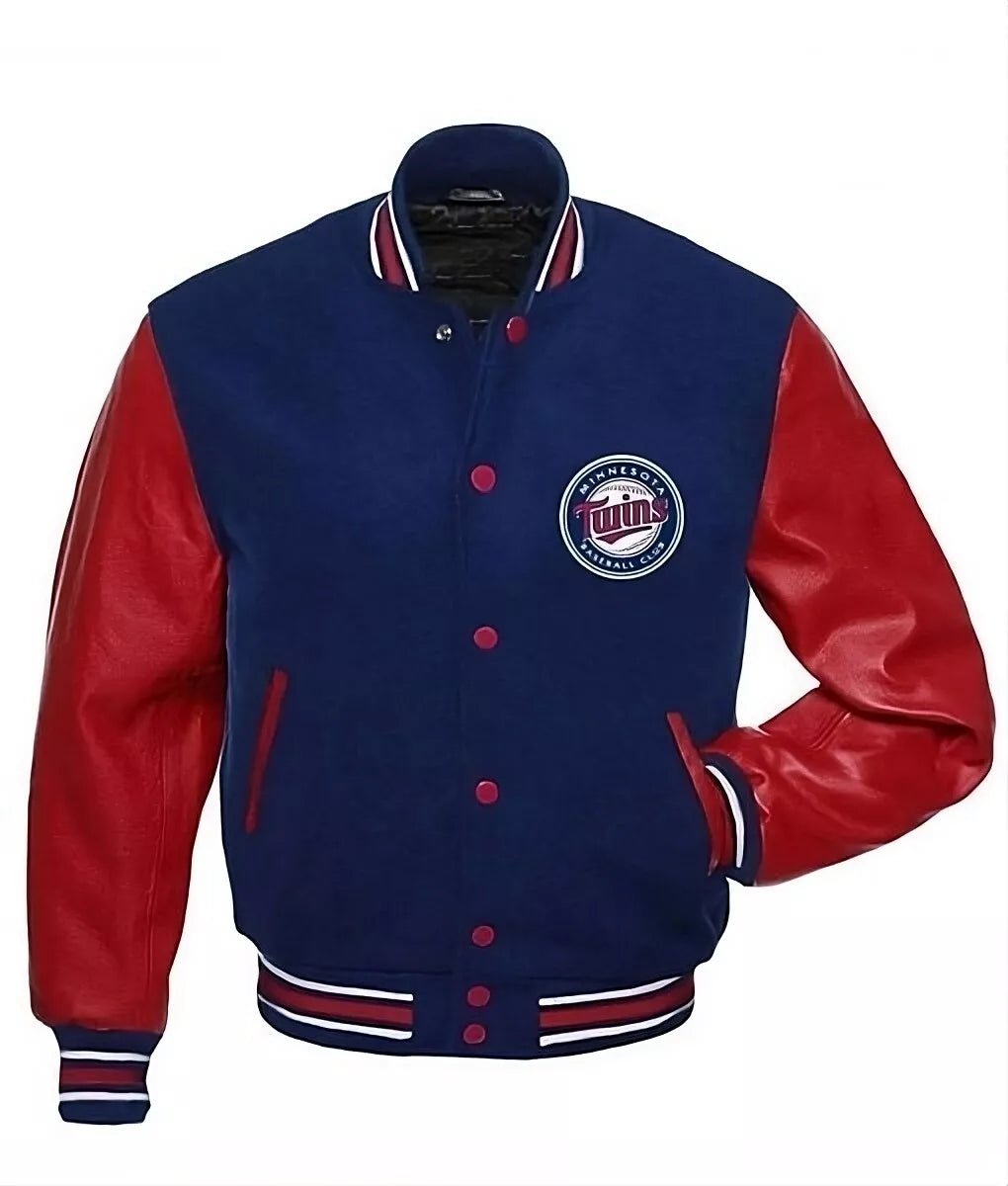 Minnesota Twins Navy Letterman Varsity Jacket With Red Genuine Leather Sleeves - MLB