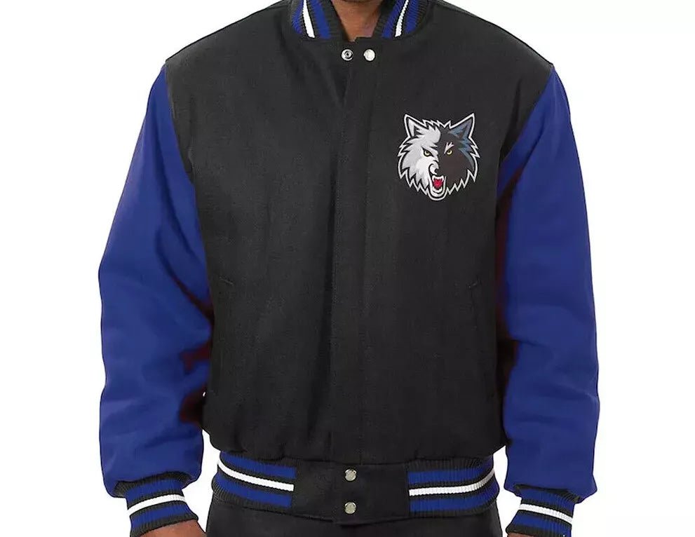 Men Letterman Minnesota Timberwolves Black and Royal Blue-All Wool Varsity Jacket - NBA