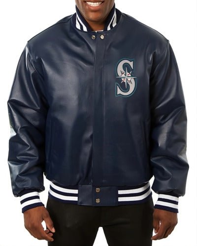 Men Letterman Seattle Mariners Varsity Jacket Navy Blue Genuine Sheep Leather - MLB
