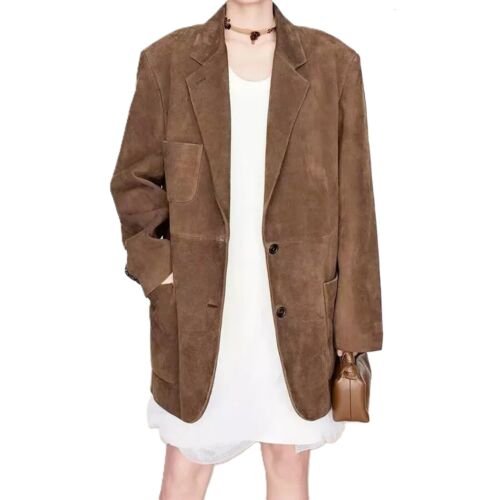 Women's 100% Pure Suede Leather Brown Coat Vintage Western Style Button Jacket