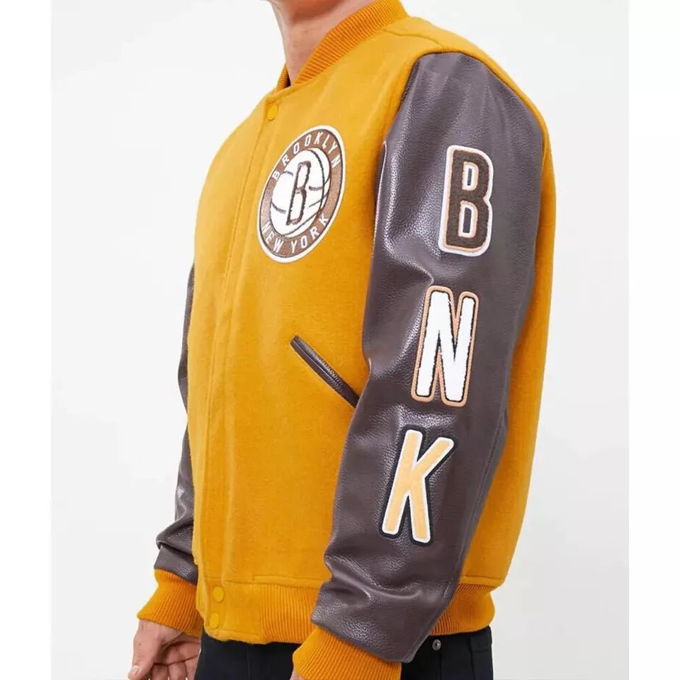 Men Letterman Brooklyn Nets Yellow and Brown Varsity Jacket - NBA - Image 3