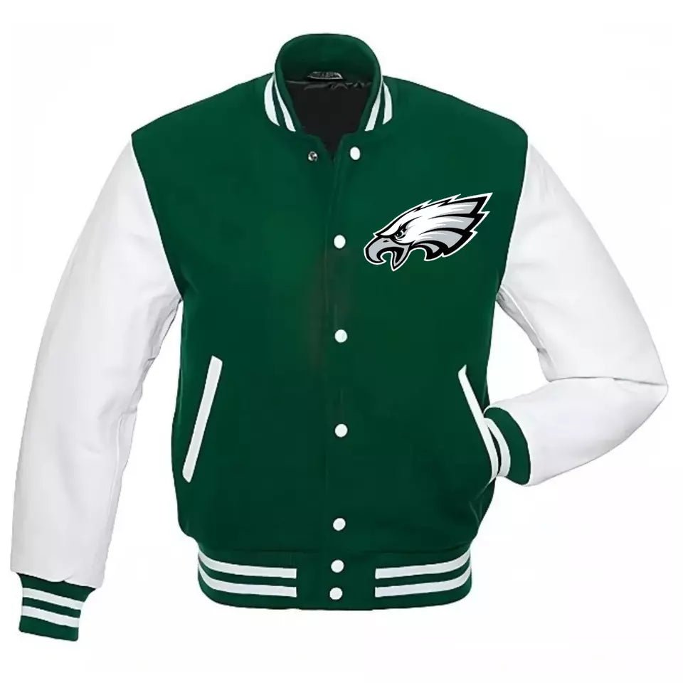 Philadelphia Eagles Green Letterman Varsity Jacket Green Wool & White Leather - NFL