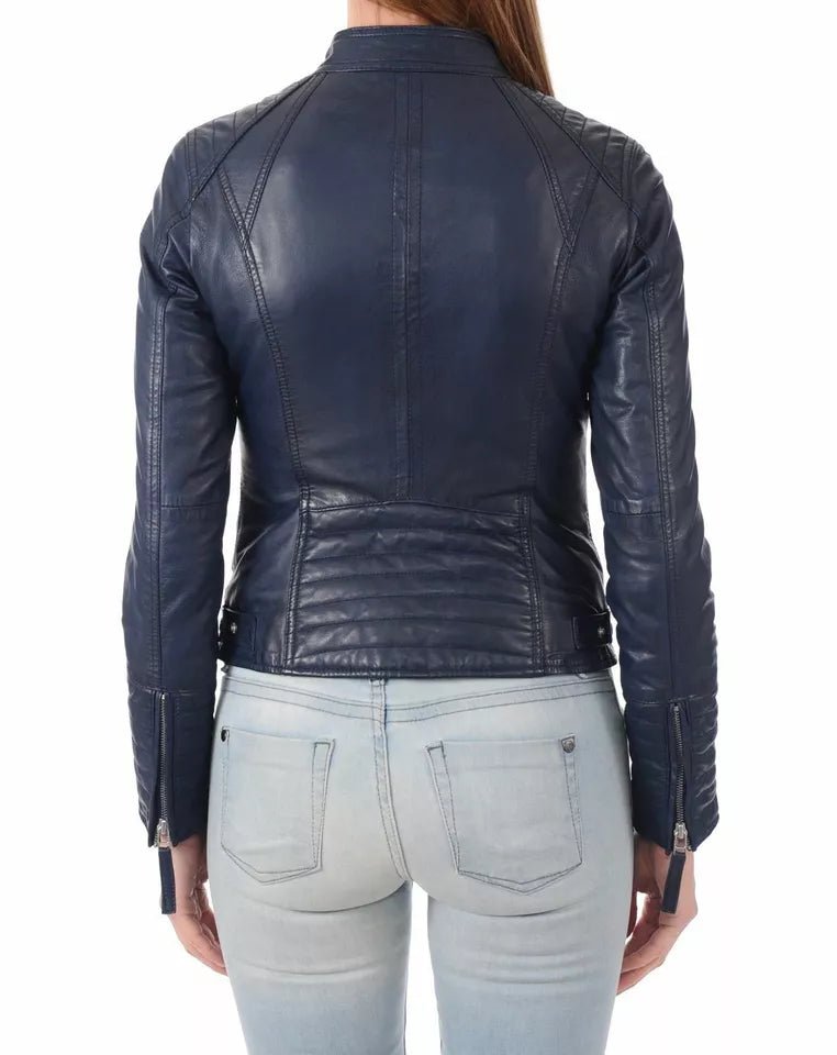 Leather Jacket Women Biker Motorcycle Women Soft Fit Size Real Blue - Image 2