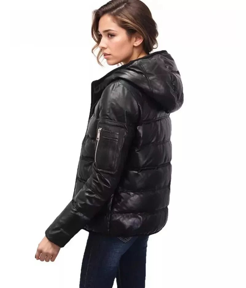 NEW Black Genuine Hooded Womens Leather Puffer Jacket - Image 3