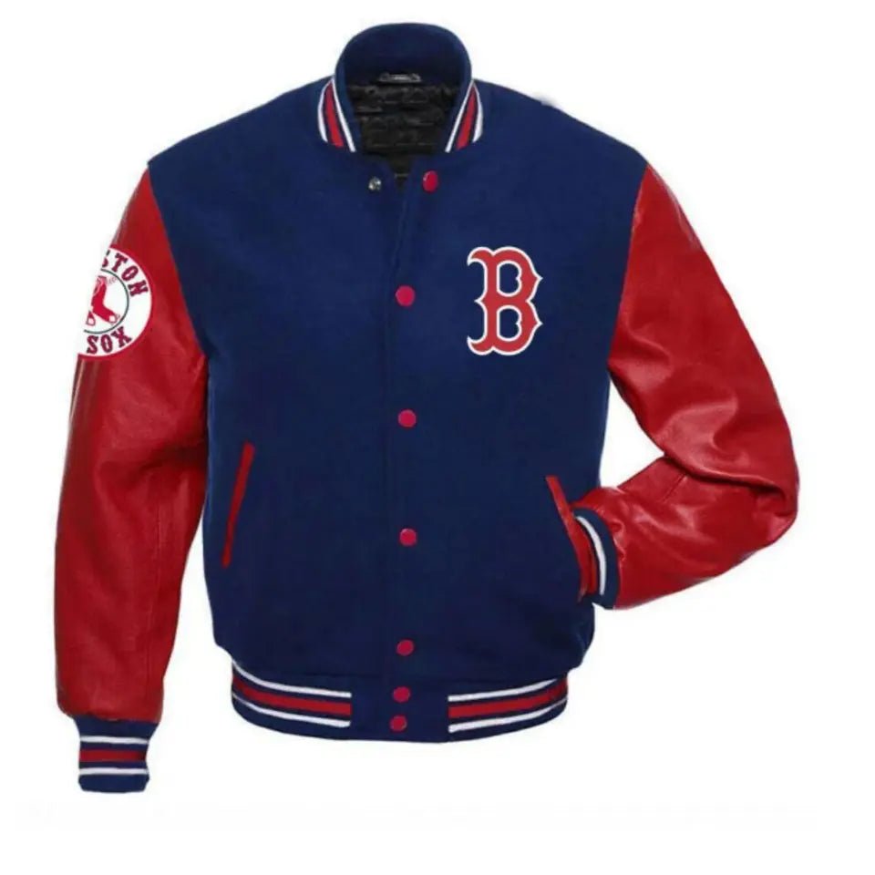 Boston Red Sox Red and Blue Letterman Varsity Jacket with Leather Sleeves - MLB