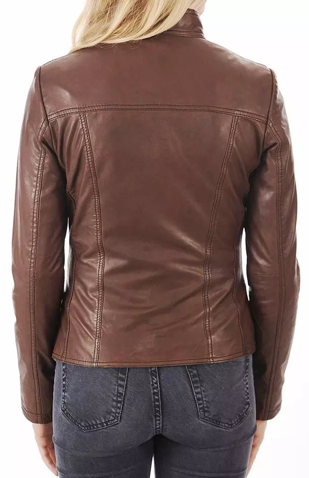 Leather Jacket Women Biker Motorcycle Women Soft Fit Size Real Brown - Image 2