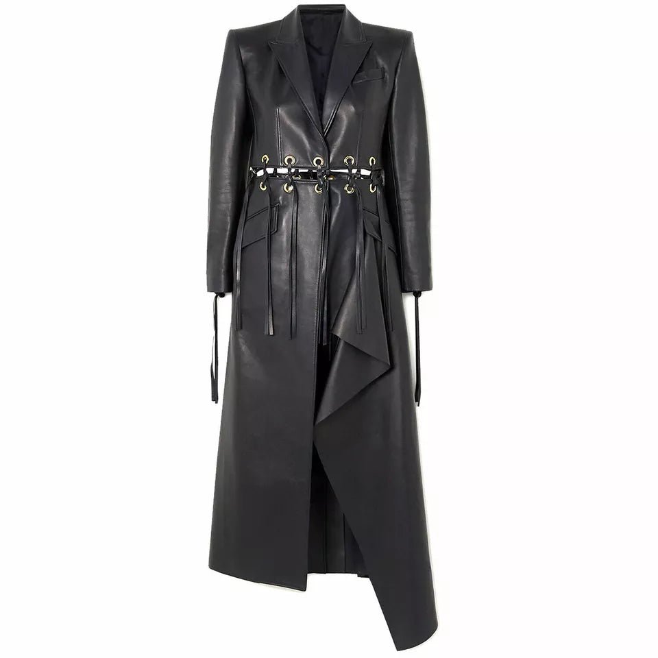 Women Black Lambskin Real Leather Dress Fringed Eyelet-embellished Long Overcoat