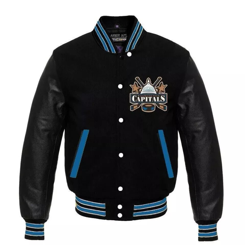 Letterman Washington Capitals Black Wool & Leather Bombers Varsity Jacket Women